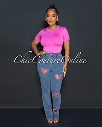 *Mandy Medium Denim Pink Rhinestones Heart Key-Hole Jeans