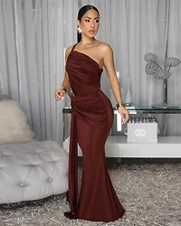 Freida Chocolate Brown Ruched Cut-Out Maxi Dress