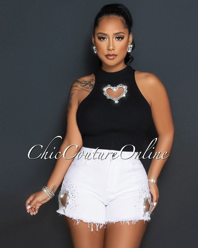 *Maxx White Heart Rhinestones Key-Hole Accent Shorts