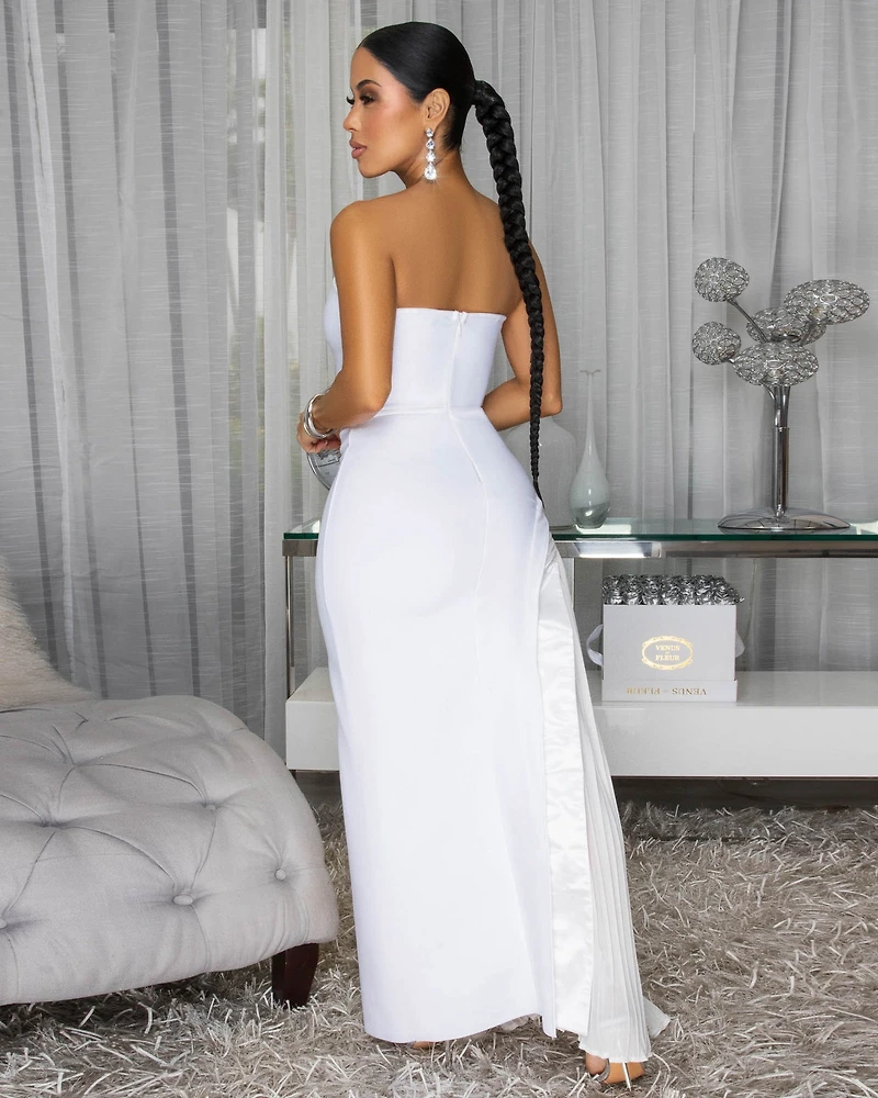 Hudane White Rhinestones Accent Shawl Bandage Maxi Dress