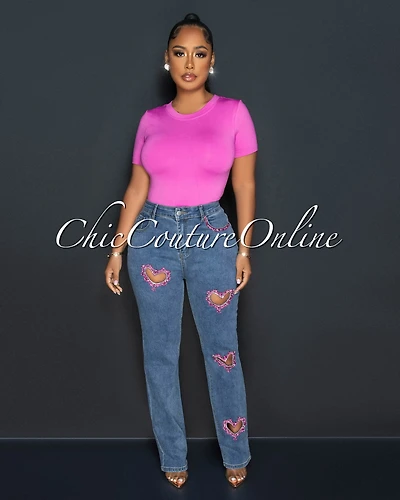 *Mandy Medium Denim Pink Rhinestones Heart Key-Hole Jeans