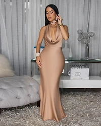 Lorena Mocha Silky Halter Maxi Dress