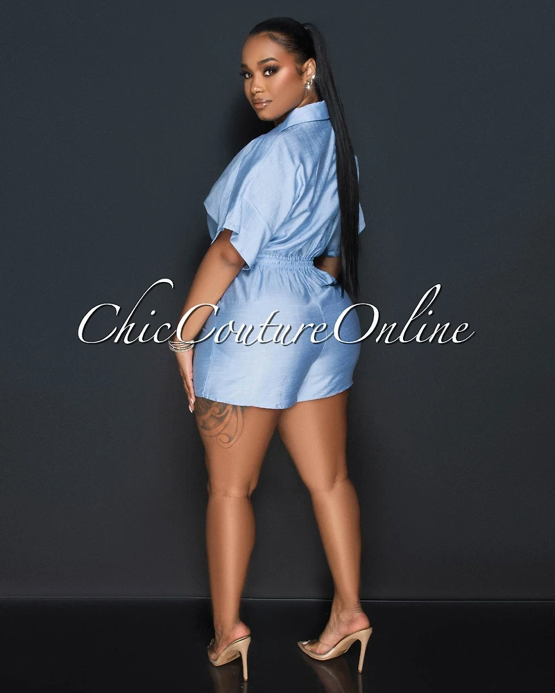 Fausta Baby Blue Front Buttons Utility Romper