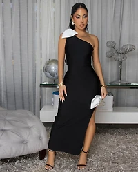 Tanin Black White Bow Accent Single Shoulder Bandage Dress (SHIPS 3/17)