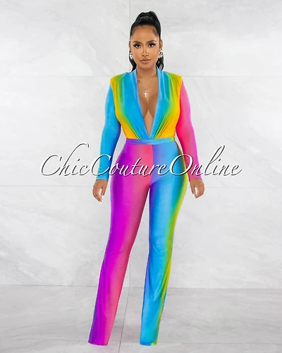 *Cecilia Rainbow Multi-Color Ombre Deep V-Neck Jumpsuit