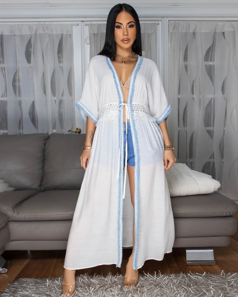 Adoria Off-White Blue Denim Trim See-Thru Duster