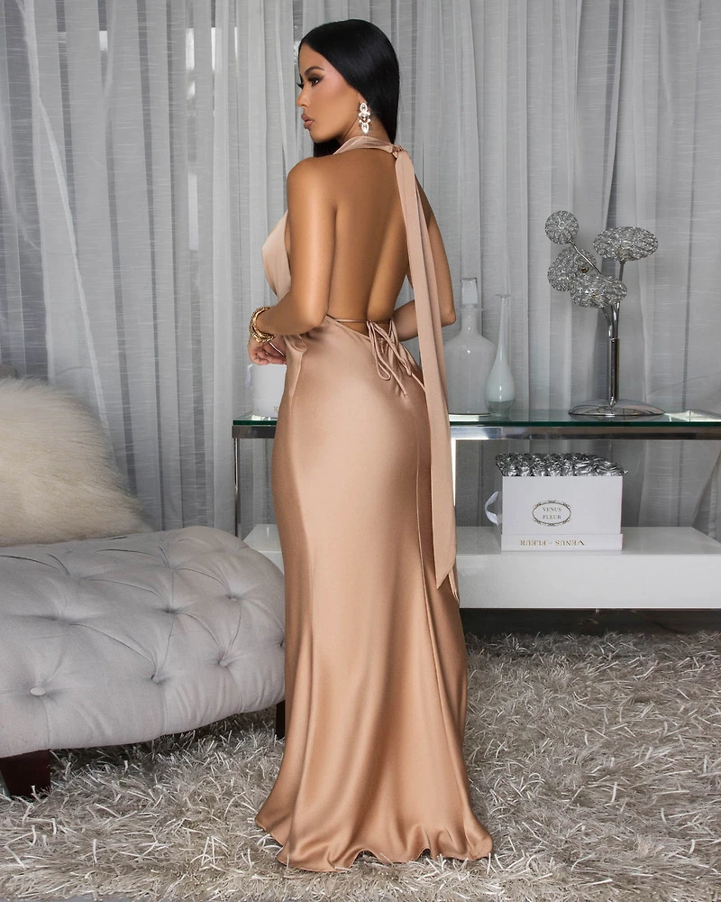 Lorena Mocha Silky Halter Maxi Dress