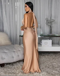Lorena Mocha Silky Halter Maxi Dress