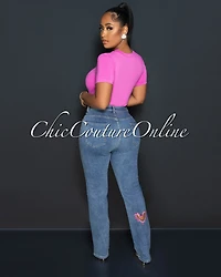 *Mandy Medium Denim Pink Rhinestones Heart Key-Hole Jeans