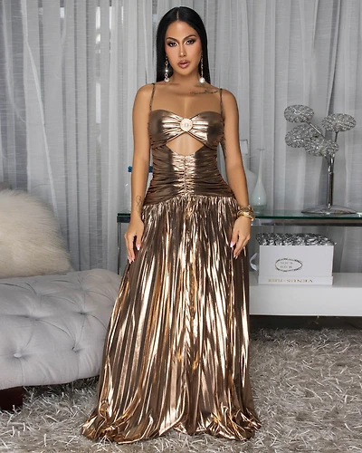 Jules Rose Gold Foil Pleated Maxi Dress