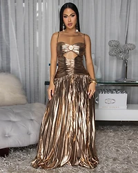 Jules Rose Gold Foil Pleated Maxi Dress