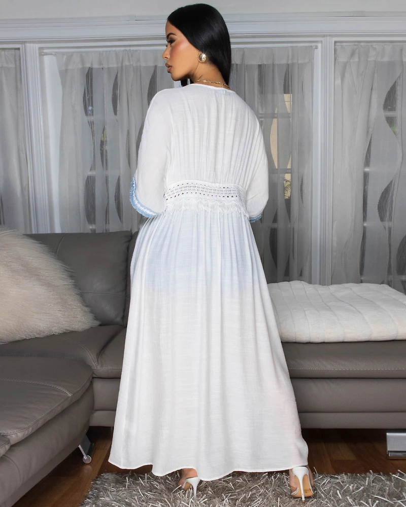 Adoria Off-White Blue Denim Trim See-Thru Duster