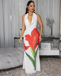 Althea Off-White Red Floral Print Halter Dress