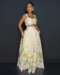 *Lonnieh Beige Floral Print Crop Top & Maxi Skirt Set