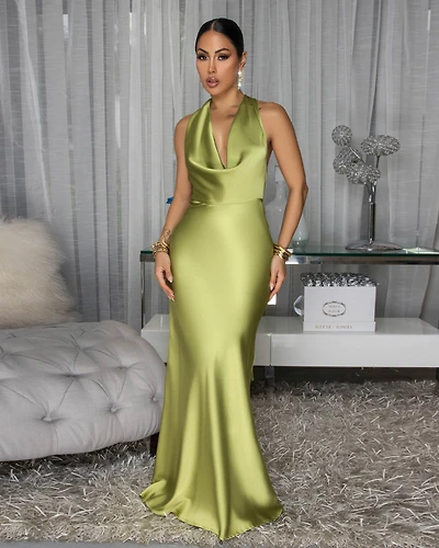 Serafina Chartreuse Draped Halter Maxi Dress