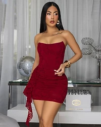 Daphney Burgundy Lace Strapless Mini Dress