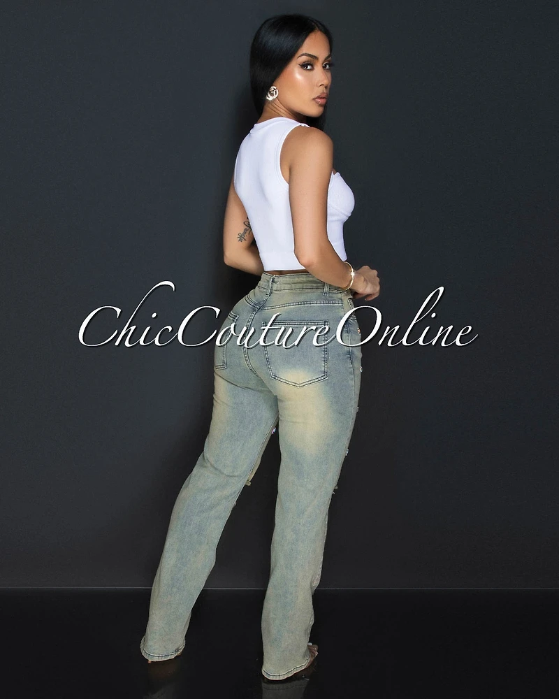 Adora Beige Denim Rhinestones Accent Jeans