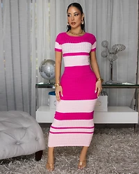 Bambie Fuchsia Pink Stripe Knit Midi Dress (SHIPS 3/17)