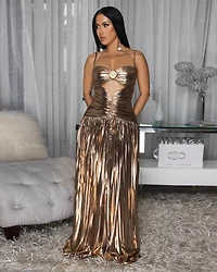 Jules Rose Gold Foil Pleated Maxi Dress