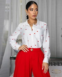 Lovely Off-White Red Hearts Embroidery Blouse