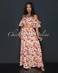 Moka Red Floral Print Ruffle Smocked Top & Skirt Set