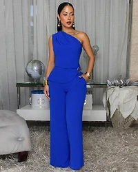 Glenna Royal-Blue Single Shoulder Top & Pants Set