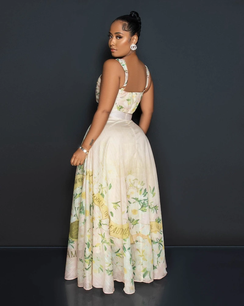 *Lonnieh Beige Floral Print Crop Top & Maxi Skirt Set