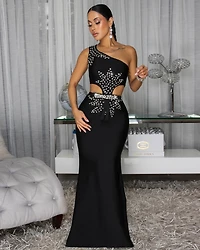 Golnesa Black Rhinestones Single Shoulder Bandage Maxi Dress