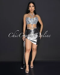 Kaeli Silver Rhinestones Bustier & Draped Skirt Set