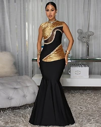 Melba Black Gold Rhinestones Maxi Bandage Dress (10/2025)