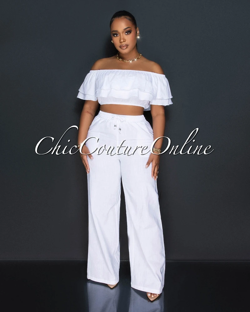 Yuri White Ruffle Crop Top & Wide Pants Set