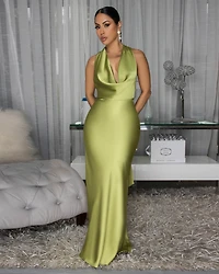 Serafina Chartreuse Draped Halter Maxi Dress