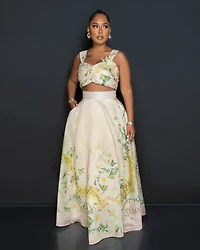 *Lonnieh Beige Floral Print Crop Top & Maxi Skirt Set
