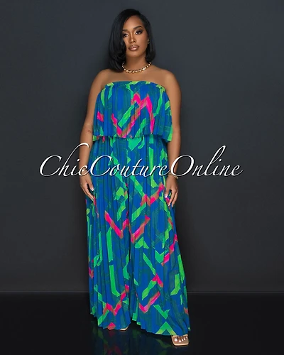 *Magalie Royal Blue Print Strapless Pleated Jumpsuit