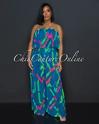 *Magalie Royal Blue Print Strapless Pleated Jumpsuit