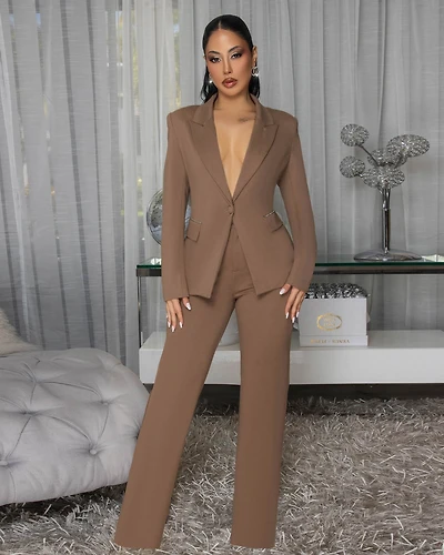 Mariselle Mocha Rhinestones Accent Blazer Pants Suit (SHIPS 3/17)