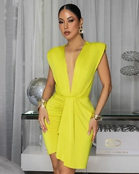 Cassita Chartreuse Plunging V-Neck Mini Dress