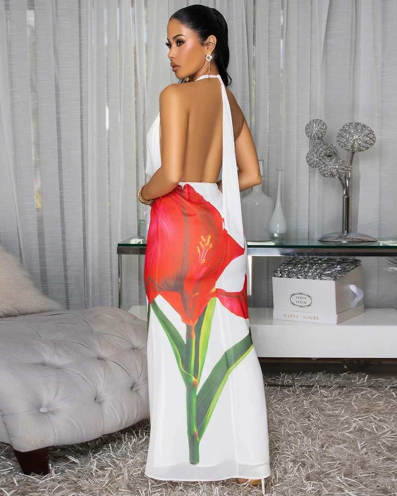 Althea Off-White Red Floral Print Halter Dress