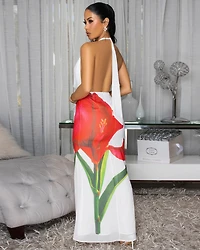 Althea Off-White Red Floral Print Halter Dress