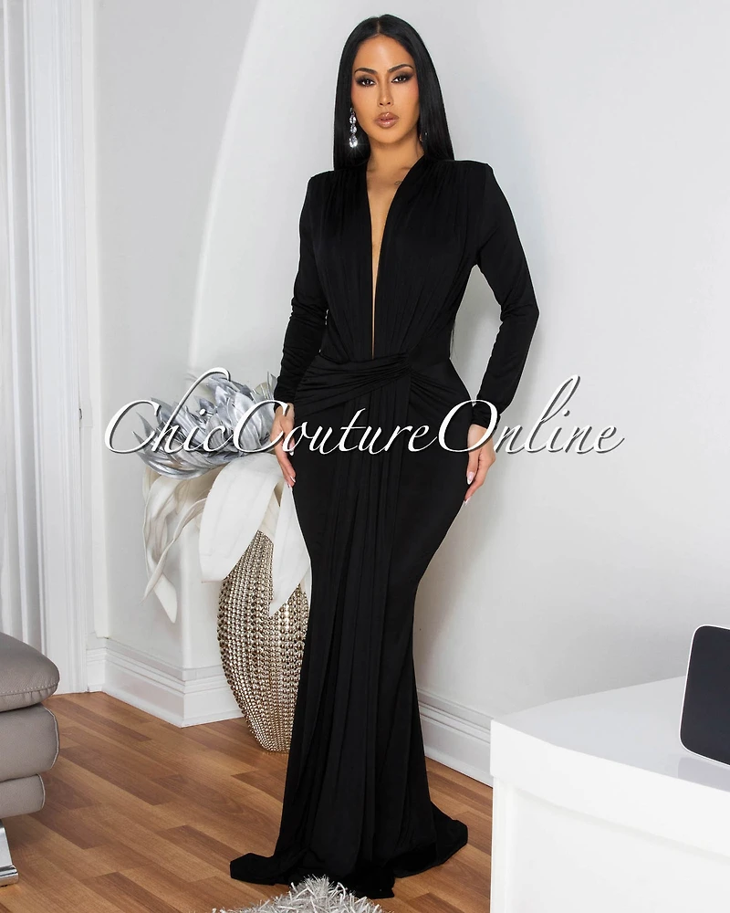Shelley Black  Long Sleeves Deep V-Neck Maxi Dress