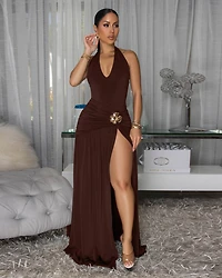 Larielle Dark Brown Ruched High Slit Maxi Dress