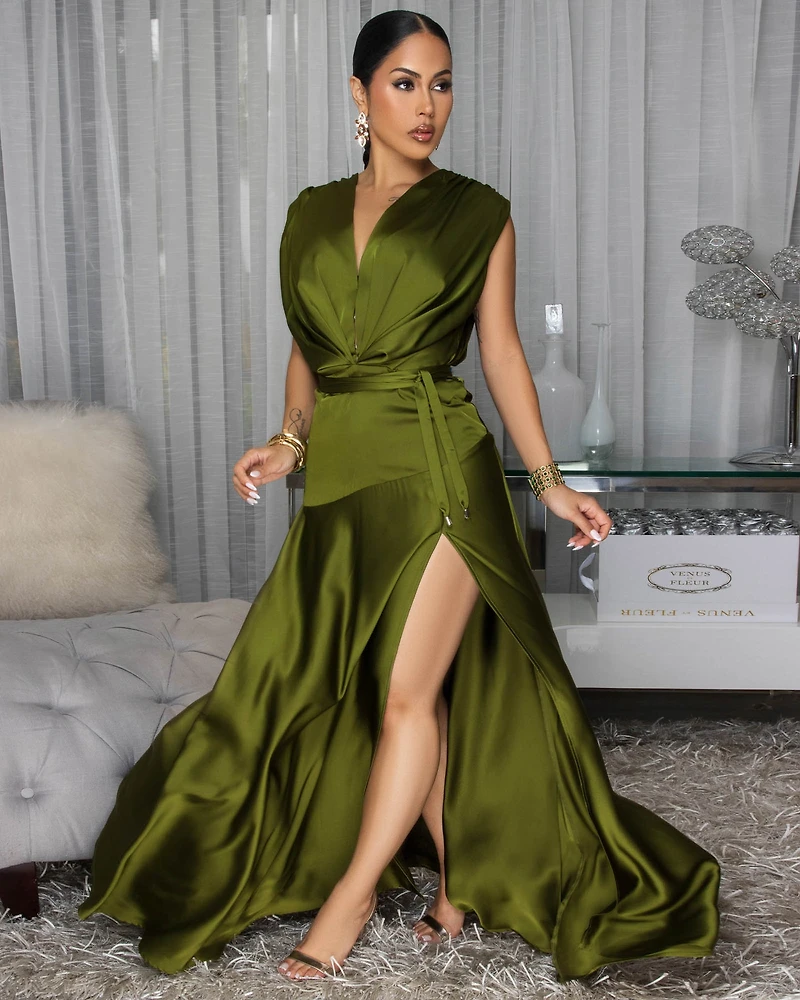 Savannah Deep Green Sleeveless Silky Maxi Dress