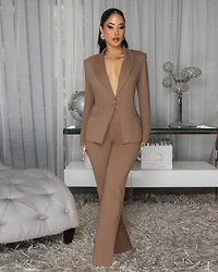 Mariselle Mocha Rhinestones Accent Blazer Pants Suit (SHIPS 3/17)