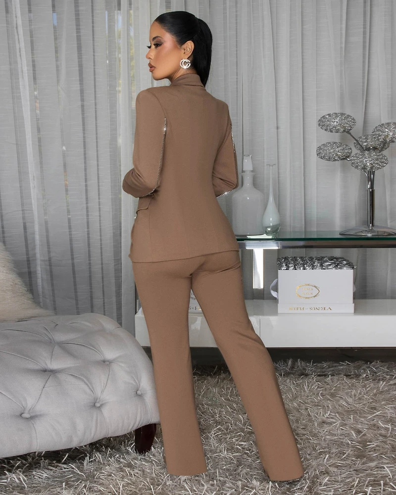 Mariselle Mocha Rhinestones Accent Blazer Pants Suit (SHIPS 3/17)