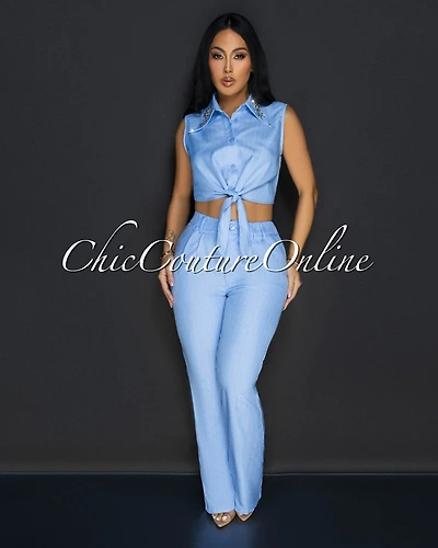 Azura Blue White Stripes Crop Top & Pants Set
