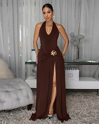 Larielle Dark Brown Ruched High Slit Maxi Dress