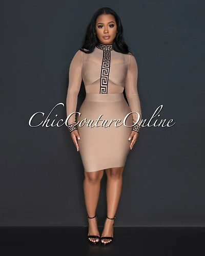Garry Nude Black Fret Print Bandage Mesh Accent Dress