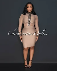 Garry Nude Black Fret Print Bandage Mesh Accent Dress