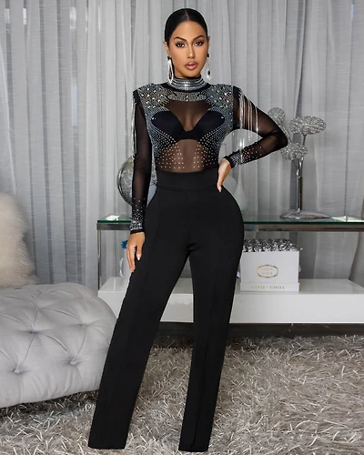 Helaia  Black Mesh Top Rhinestones Jumpsuit