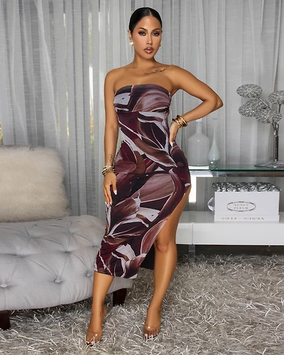 Paloma Brown Hues Mesh Strapless Midi Dress